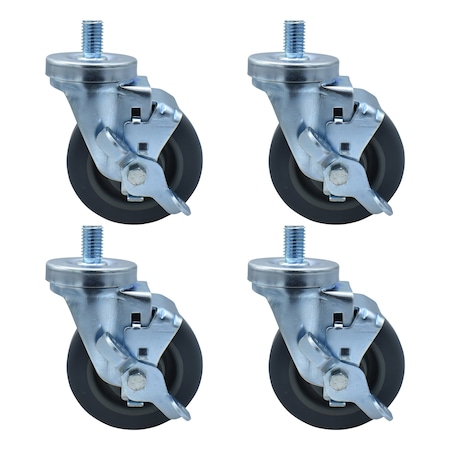 Bk Resources 4-inch Threaded Stem Casters, Gray Rubber Wheels, Top Lock Brake, 300lb Capacity, 4PK 4SBR-5ST-GR-PS4